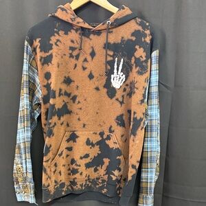 Black and Brown Tie-Dye Hoodie with Plaid Sleeves repurposed by Jagged Threads”
